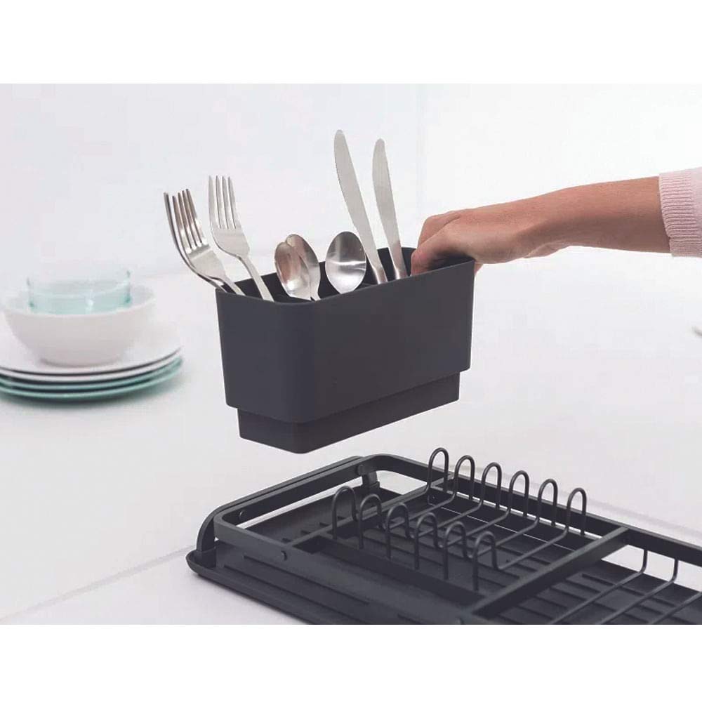 Brabantia Dish Drying Draining Rack (Compact / Light Grey) Easy-Clean Drip Tray & Removable Cutlery Basket, Corrosion-Resistant Aluminium Rack, 20 x