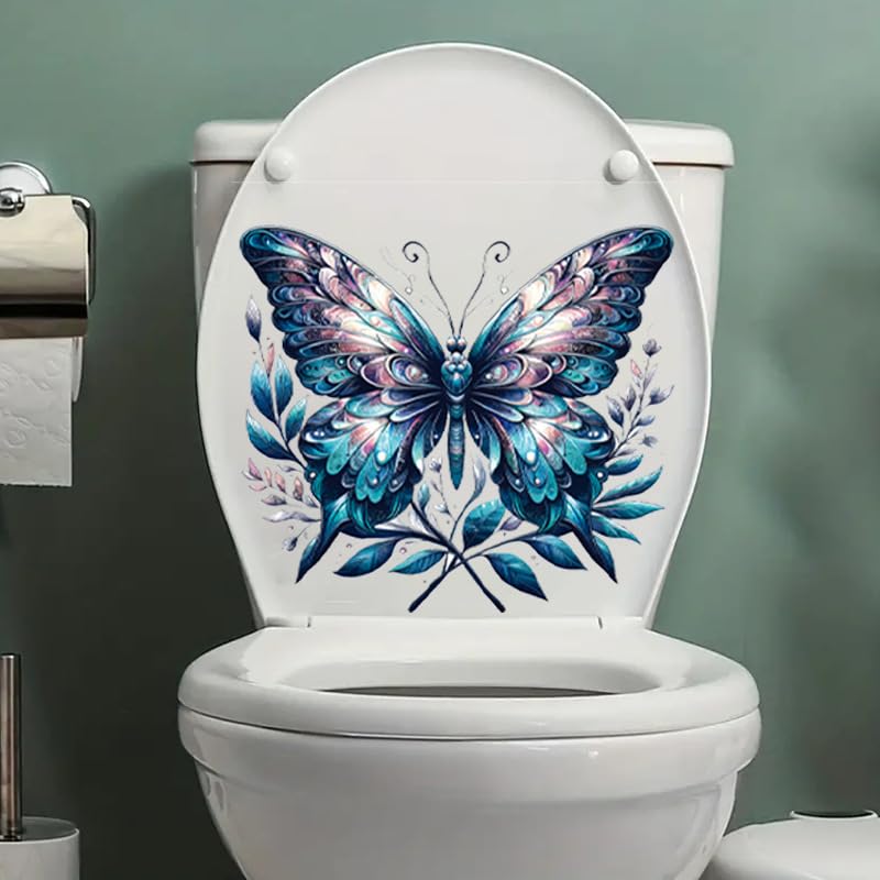 Colorful Butterfly Flower Toilet Cover Sticker Decals,Fish Bird Flower Leaf Waterproof Toilet Lid Tank Seat Decals Cistern Self-Adhesive Bathroom