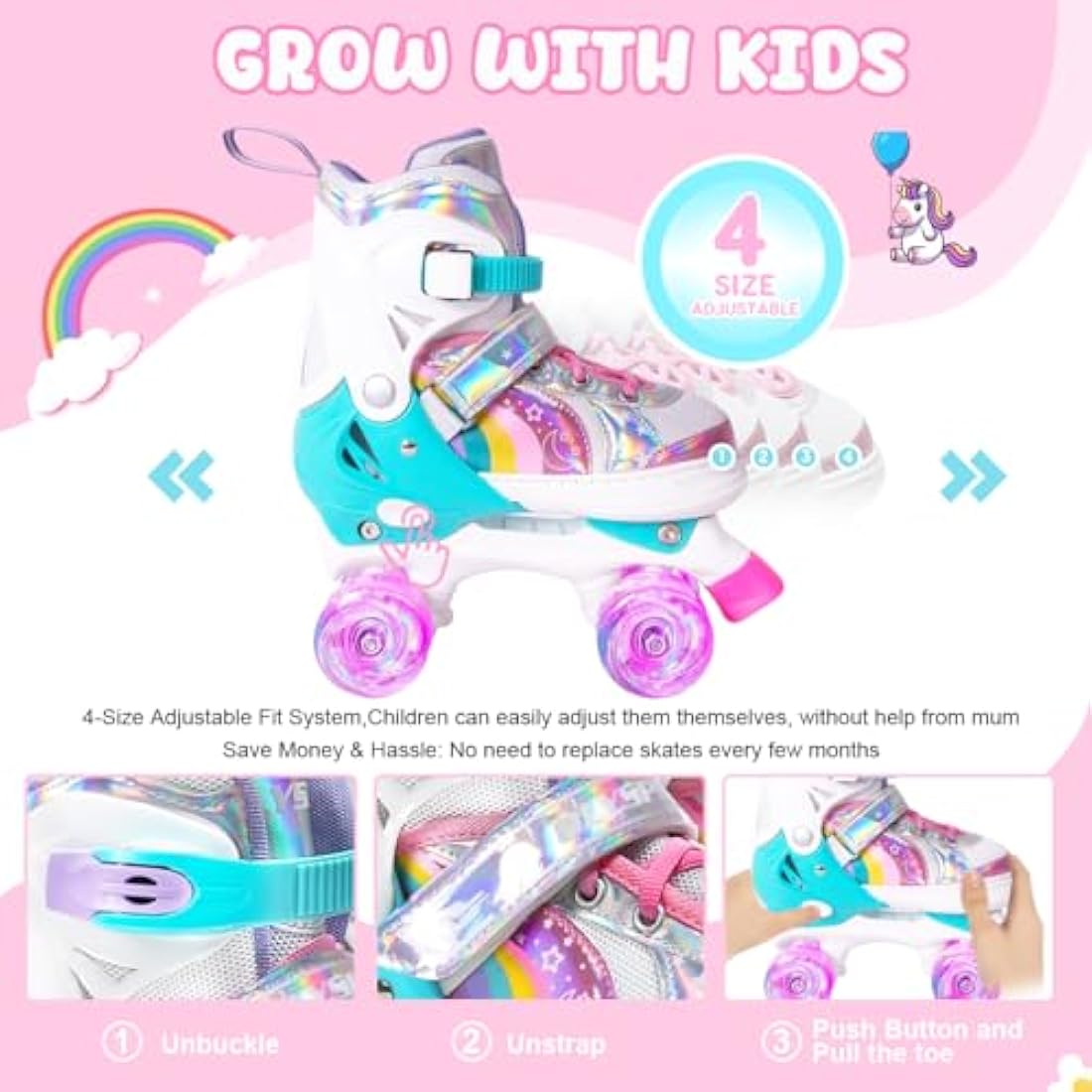 OLYSPM Kids Roller Skates for Girls Boys Pro 4-Size Adjustable, Roller boots With 8 Light Up Wheels, Beginner safe Children's Quad Skates - Ideal Christmas Birthday Gift