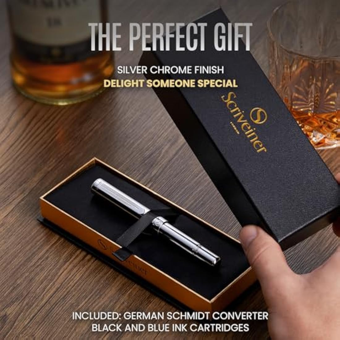 Scriveiner Silver Chrome Fountain Pen (Medium), Award Winning Luxury Pen, Heavy Pocket Pen, Chrome Finish, Schmidt Nib, Converter, Best EDC Writing Pen Gift Set for Men & Women, Nice Office Fancy Pen