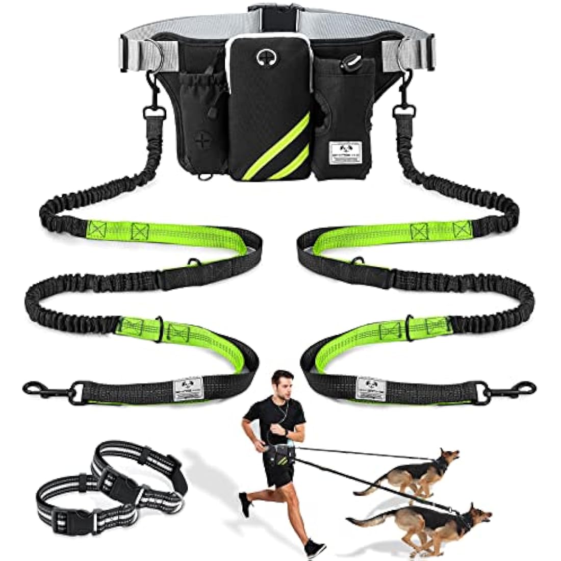 SHINE HAI Retractable Hands Free Dog Leash with Dual Bungees for 2 Dogs, Adjustable Waist Belt, Reflective Stitching Leash for Running Walking Hiking Jogging Biking Black - Green