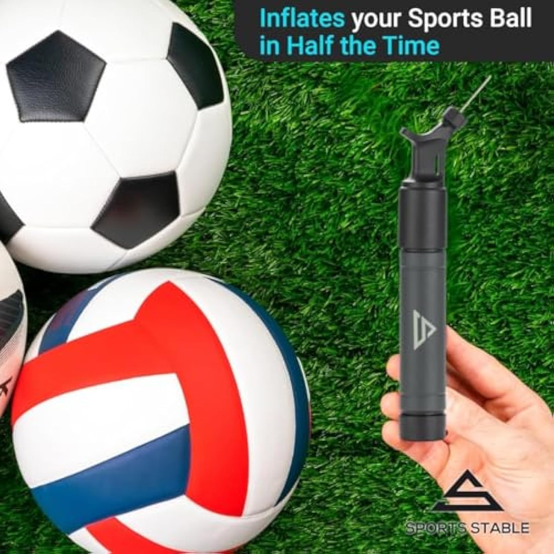 Sports Stable Ball Pump with 5 Needles. Dual Action Air Pump for Your Football, Rugby Ball, Volleyball, Basketball, Handball and Other Inflatable Balls