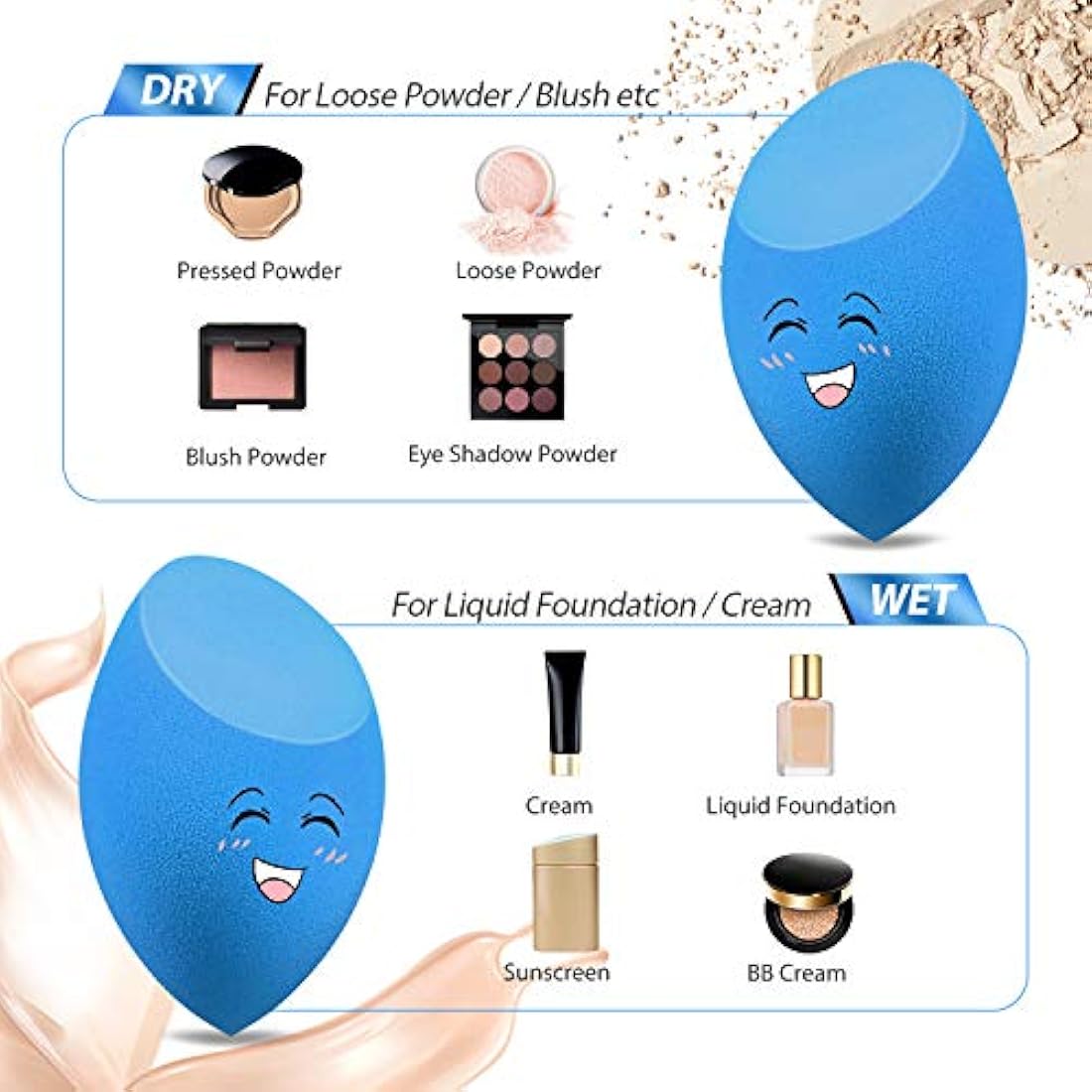 Larbois 3-Pack Blender Beauty Foundation Blending Sponge, Professional Beauty Makeup Set, Blue Multi-color Synthetic Drop Shapes for Dry & Wet Use