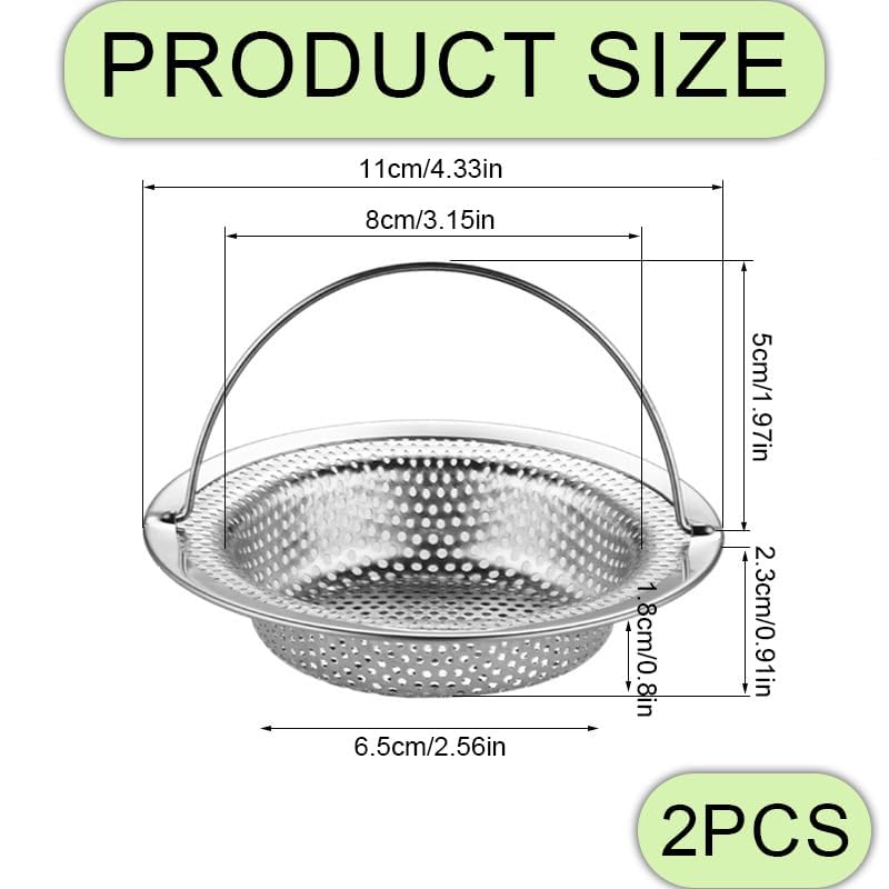 Azlanway Sink Strainer Kitchen Sink Stainless Steel with Handle, Pack of 2 Sink Strainer 11 x 8 x 2.3 cm, Kitchen Drain Protection