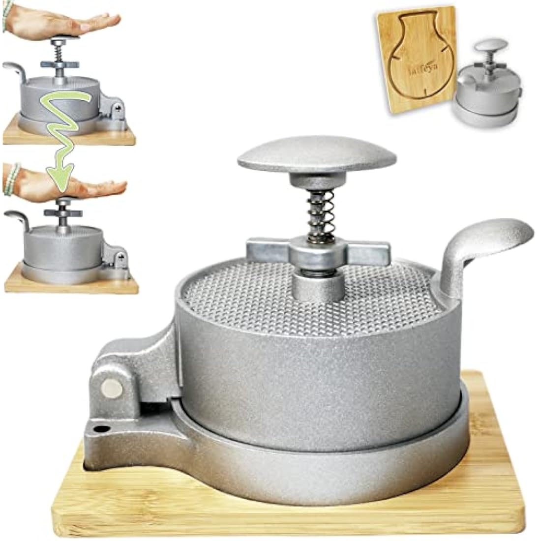 laffeya Hamburger Press Patty Maker, Patty Press & Wood Stand, Patty Makers, Adjustable Spring Burger Press, Push Plunger Hamburger Press (Spring Burger Press)