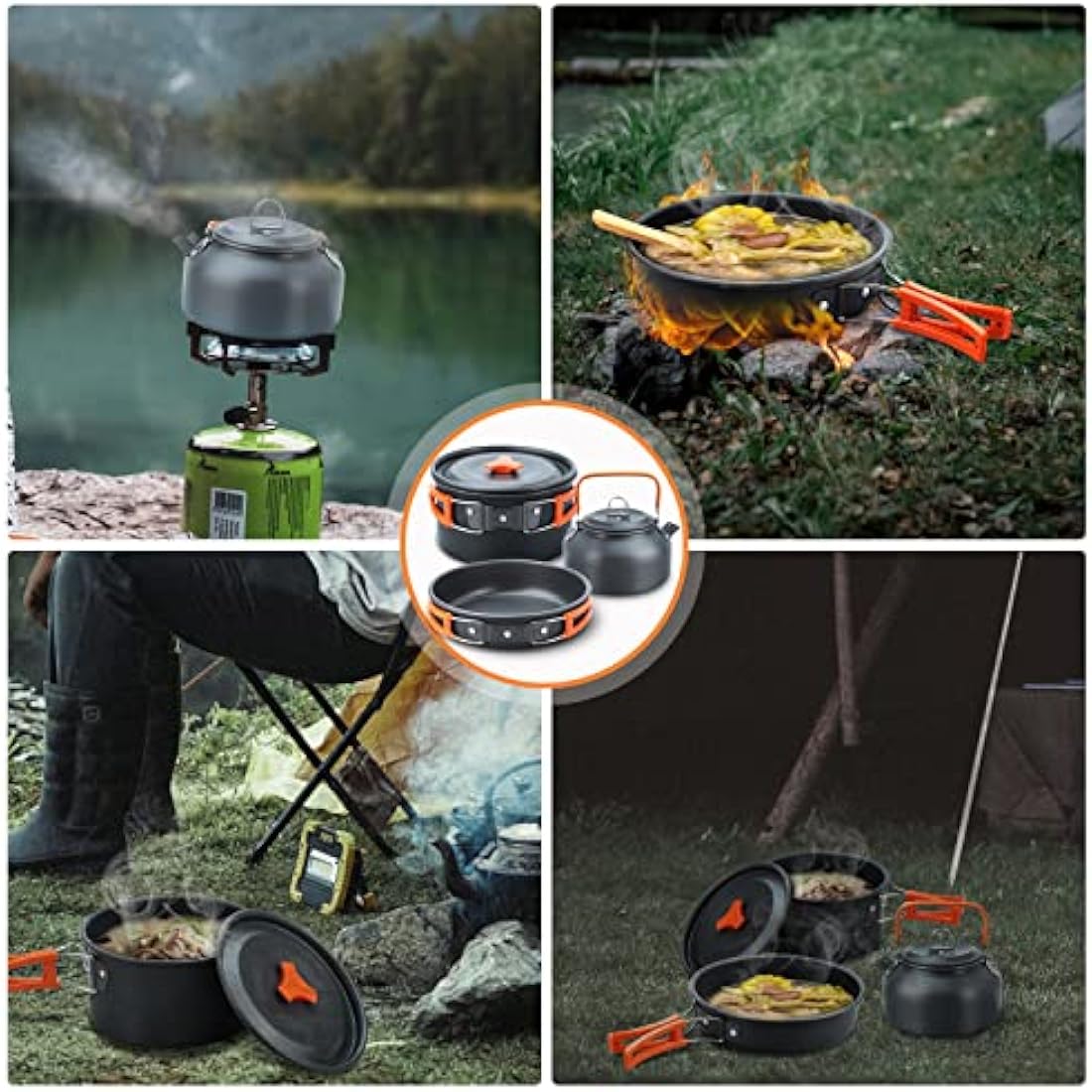 Lixada Camping Cookware Kit, 16pcs Camping Pot Camping Pan Camping Kettle with Stainless Steel Plates Forks Knives Spoons for Outdoor Cooking and Picnic for 1-2 People