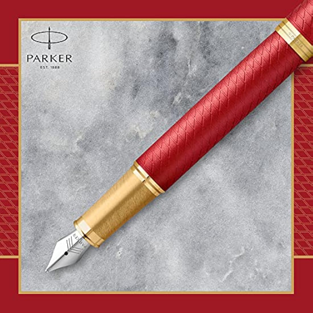 Parker IM Fountain Pen | Premium Red Lacquer with Gold Trim | Fine Point with Blue Ink Cartridge | Gift Box