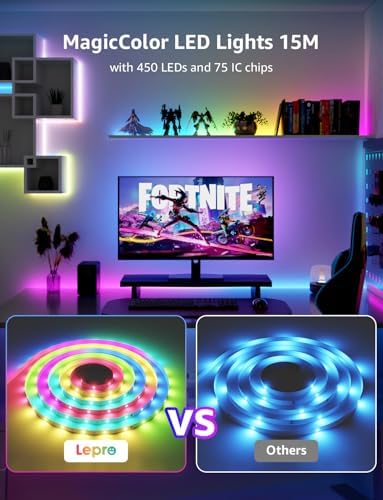 Lepro S1 AI Smart Rainbow LED Strip Light 15M one roll, App & Voice Control, Works with Alexa & Google Home, 30 LEDs/M, Music Sync, AI Lighting Design Assistant, MagicColor LED Lights for Bedroom
