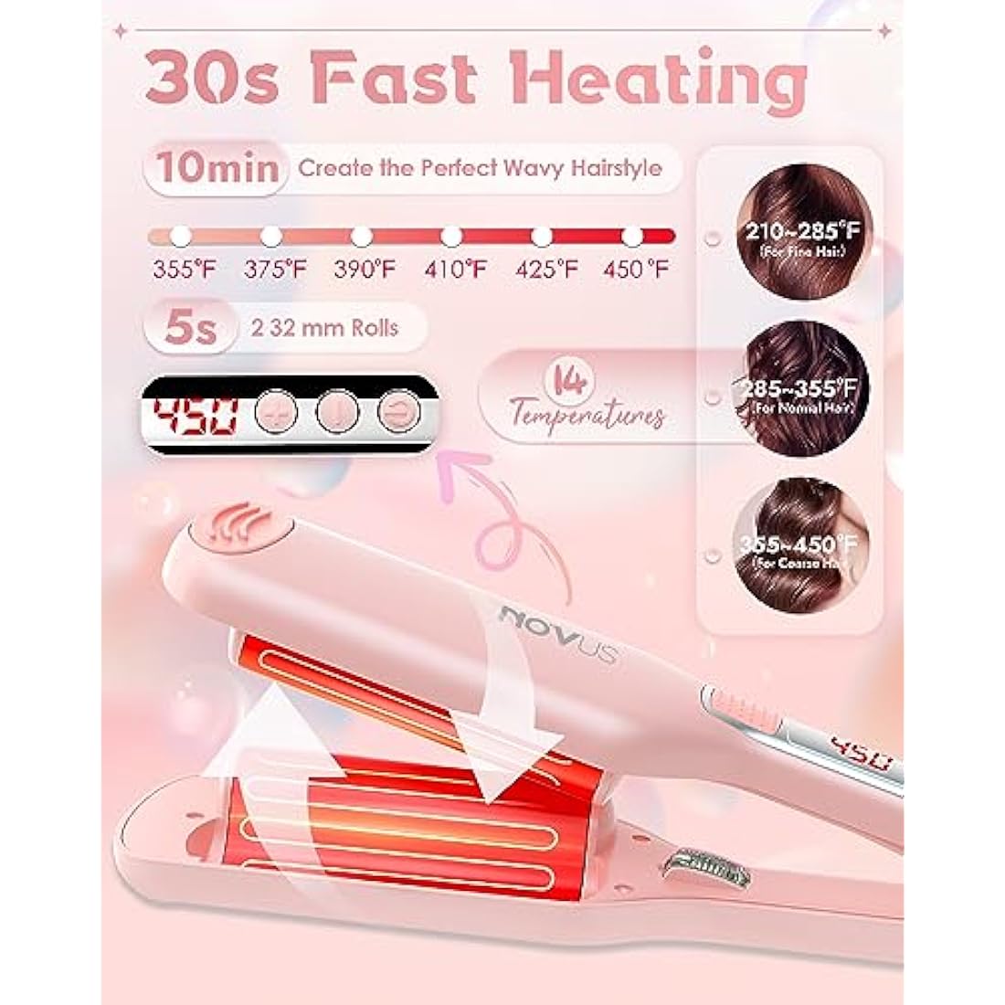 Wave Curling Iron Anti-Scald Hair Waver, 2 Barrel Ionic Wavy Hair Crimper for Women, 1.1in/28MM Rapid Heating Curling Wand, Curling Iron Culer with Wide Deep Waves