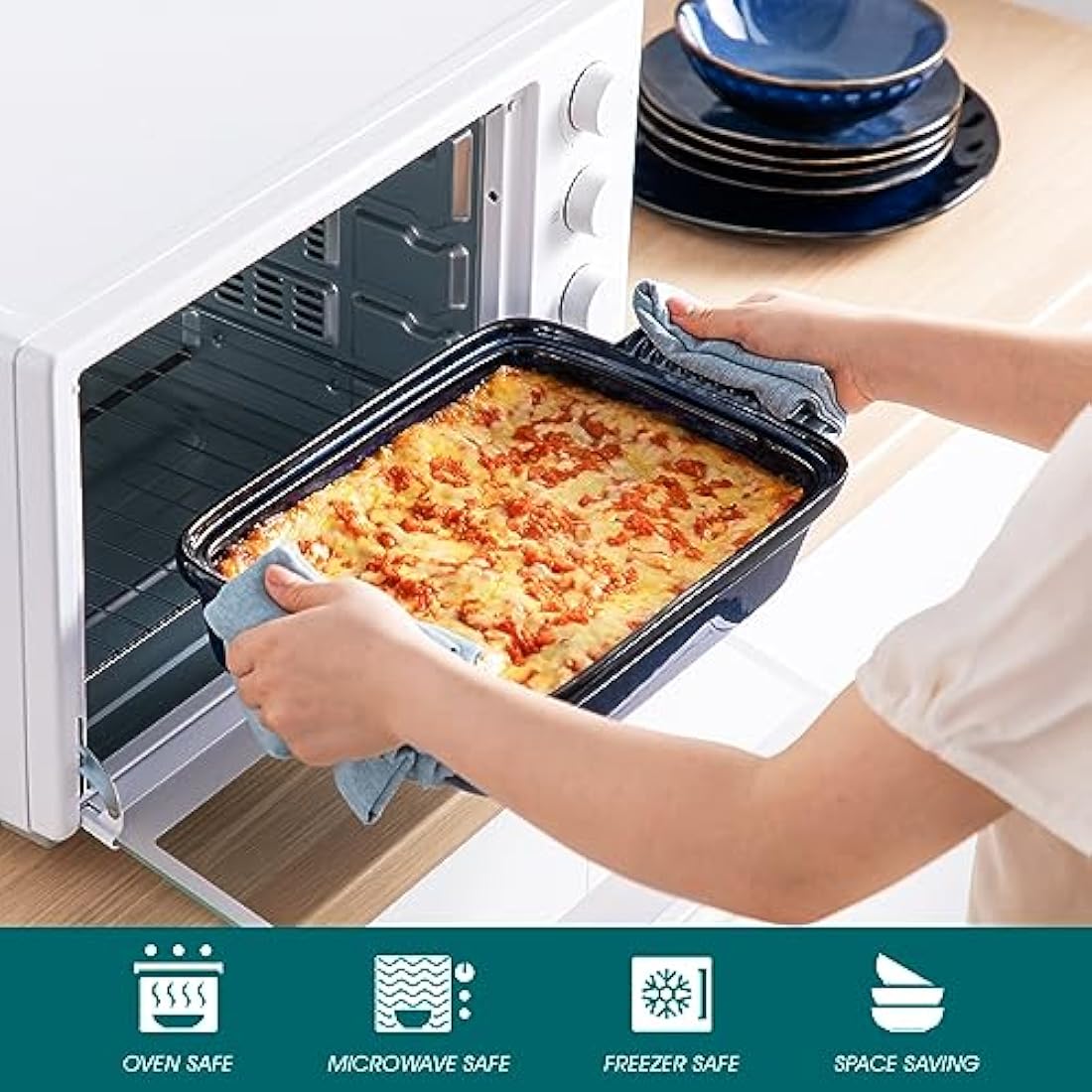 vancasso Starry 3.8 Quart Casserole Dish, Large Lasagna pan with lid, 9x13 inch Stoneware Casserole with lid, Microwave Safe, Blue