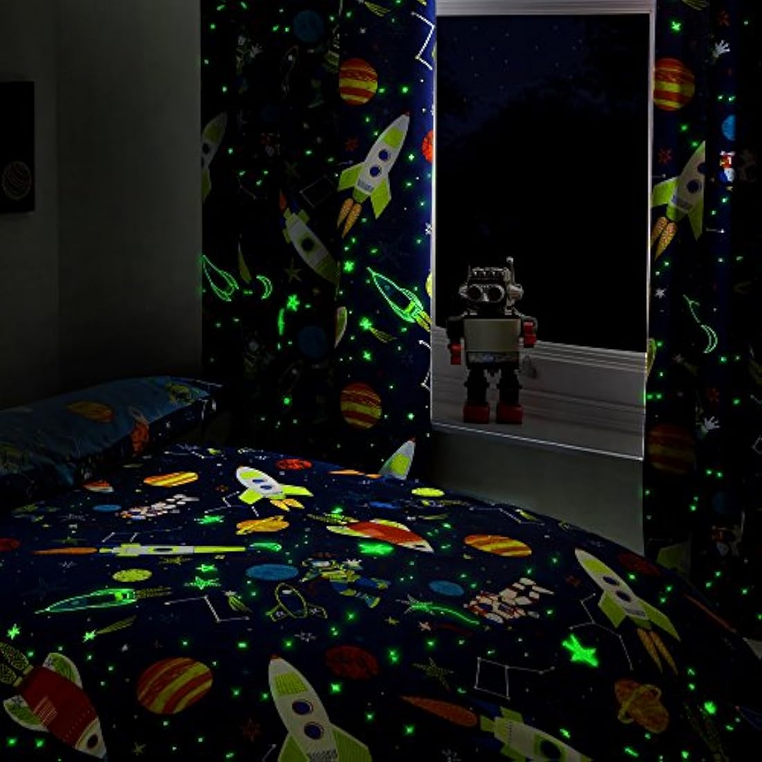Bedlam - Supersonic - Glow In The Dark Lined Pencil Pleat Curtains - 66" Width x 72" Drop (168 x 183cm), Blue