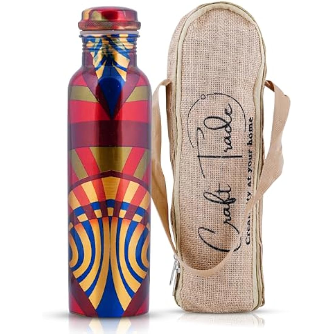 Craft Trade Printed Pure Copper Bottle with Lid and Carry Bag for Drinking Water BPA Free Leak Proof Boosts Immunity, Supports Digestive & Ayurveda Inspired 34oz - 1 Litre
