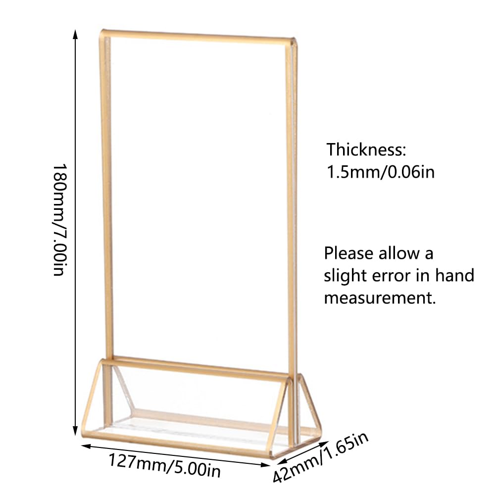 SagaSave 12Pcs Clear Acrylic Picture Table Stand with Gold Frames, 42x127x180mm, Double-sided Display, Gold Frame