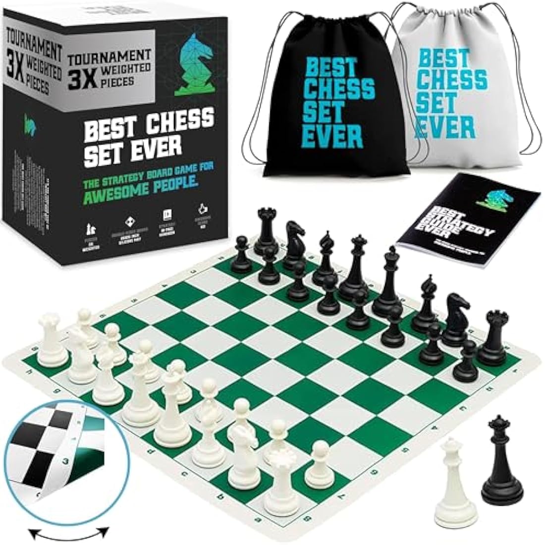 Best Chess Set Ever 3X Tournament Chess Set with Staunton Triple Weighted Pieces (10.3 cm King) for Adults & Kids – Foldable Roll-up Double-Sided 50x50 cm Silicone Board Mat, Ideal for gifting