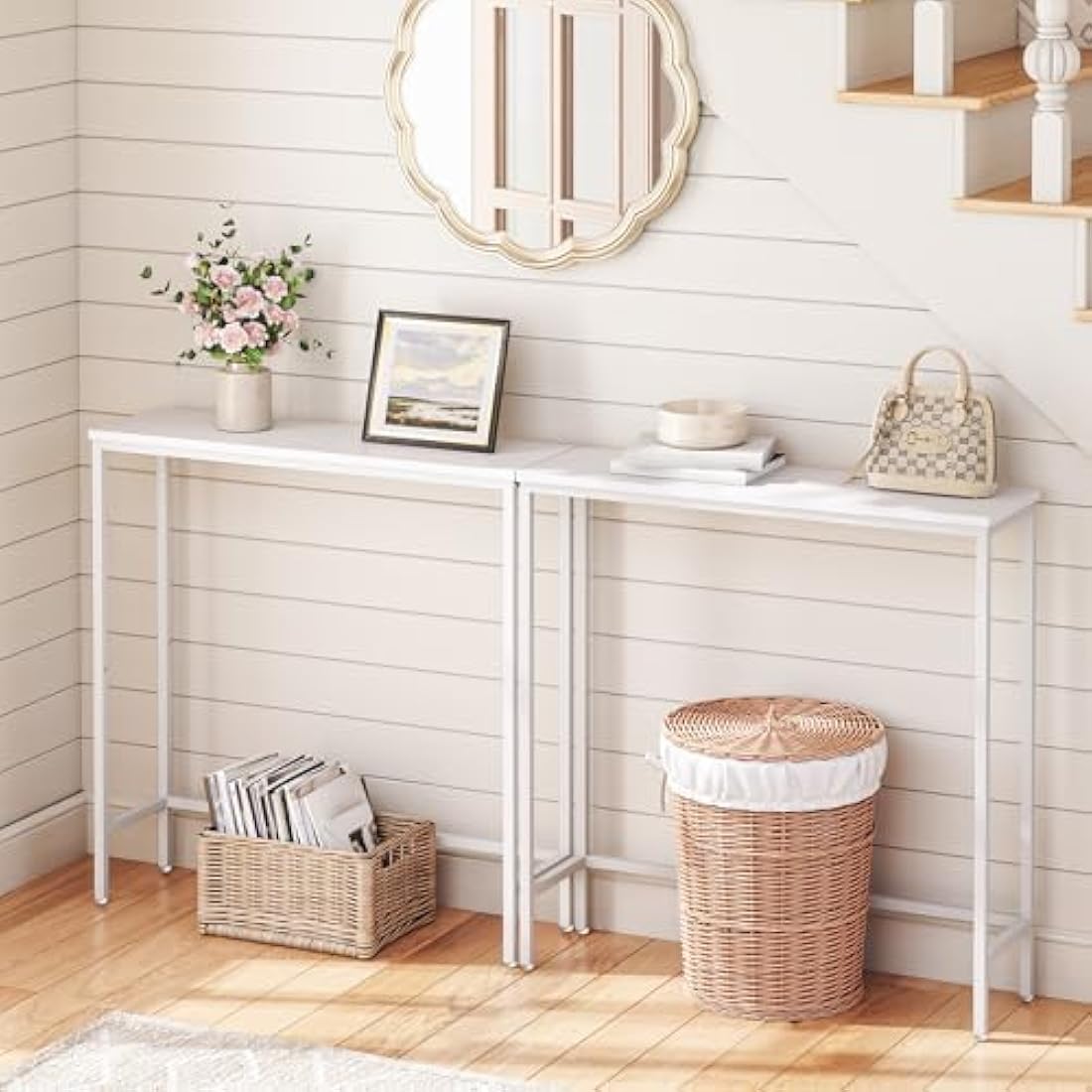 HOOBRO Console Table, Slim Console Table for Hallway, Metal Frame, Compact Display Table, Sofa Table for Small Spaces, Entryway, Living Room, Sturdy, Metal Frame, White EWW75XG01