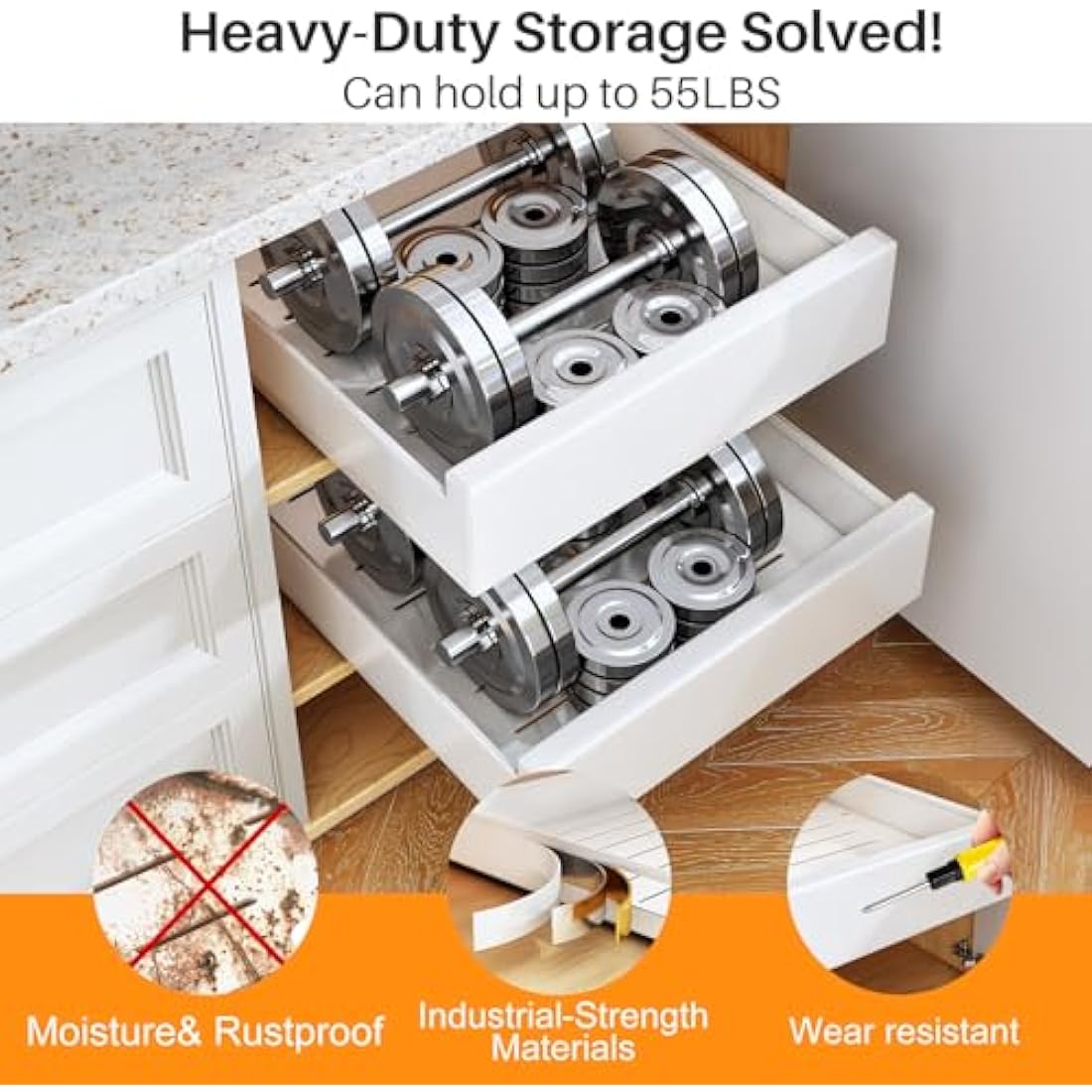 SAYZH Pull Out Cabinet Organiser, Slide Out Drawer Storage Shelves for Kitchen Cupboard, Roll-Out Extendable Sliding Drawer, (43 CM Depth x 25 CM Width x 9CM Height), No Need Drill and Nailing (White)