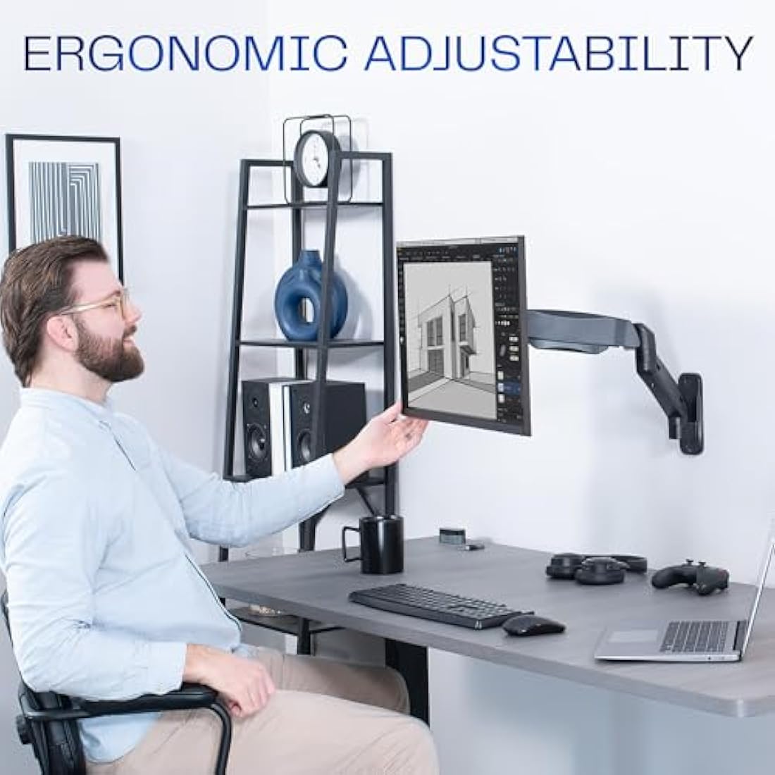 VIVO Height Adjustable Pneumatic Extended Arm Single Monitor Wall Mount, Full Motion Articulating, Fits 17 to 27 inch Screen, Black, MOUNT-V001G