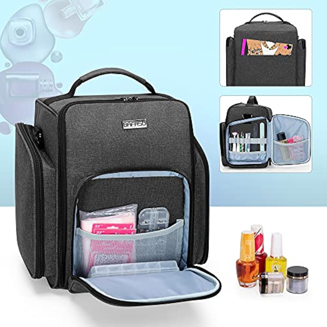 BAFASO Nail Polish Organiser Holds 72 Bottles (15ml - 0.5 fl.oz), Large Nail Polish Case with 3 Removable Pouches and Multiple Storage Sections (Bag Only), Black (Patented)