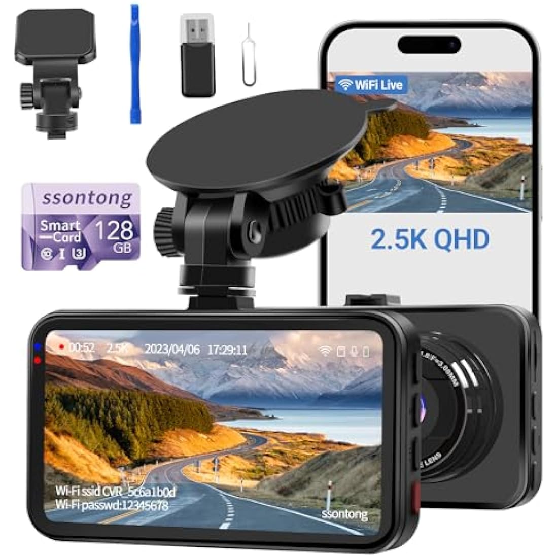 Dash Cam WiFi, Car Camera Dash Cam with 128GB Card Dashcam 2.5K QHD 1440P Dashcam Front, Dash Cameras W/APP, Night Vision, 170° Wide Angle, G-sensor, Parking Monitor for Cars, Max Support 256G