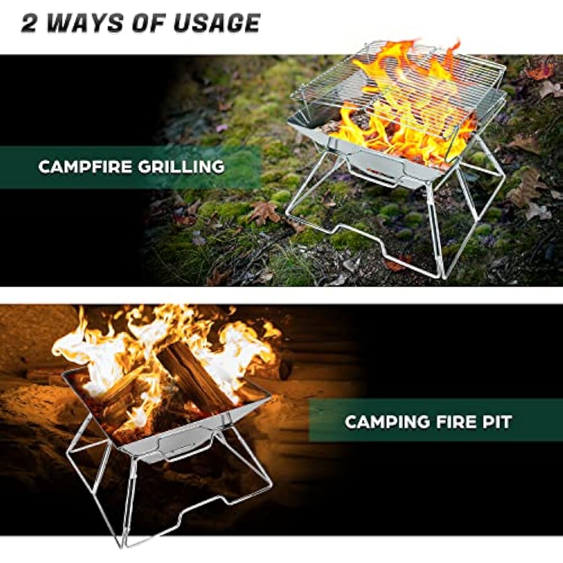 Odoland BBQ Fire Pit Portable Campfire Pit Collapsible Camping Grill Stainless Steel Barbecue for Camping Picnic Terrace Garden w/Carrying Bag L (43 * 43 * 31cm)