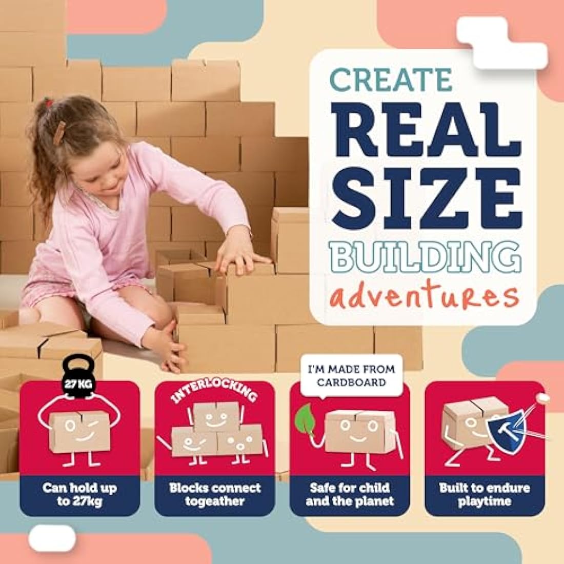 GIGI BLOKS 60 XXL Large Building Blocks for Kids Stackable & Interlocking | Children's Cardboard Building Bricks, Sturdy and Easy to Assemble | Creative & Educational Real-Size Kids Construction Toys