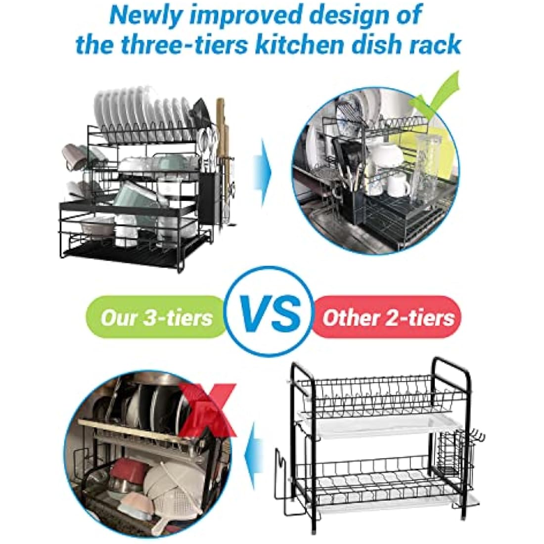 TONGKTAI Dish Drainer Rack, 3 Tier Drain Board Rack with Drip Tray, Detachable Stainless Steel Dish Drying Rack for Kitchen Countertop or Sink, Black