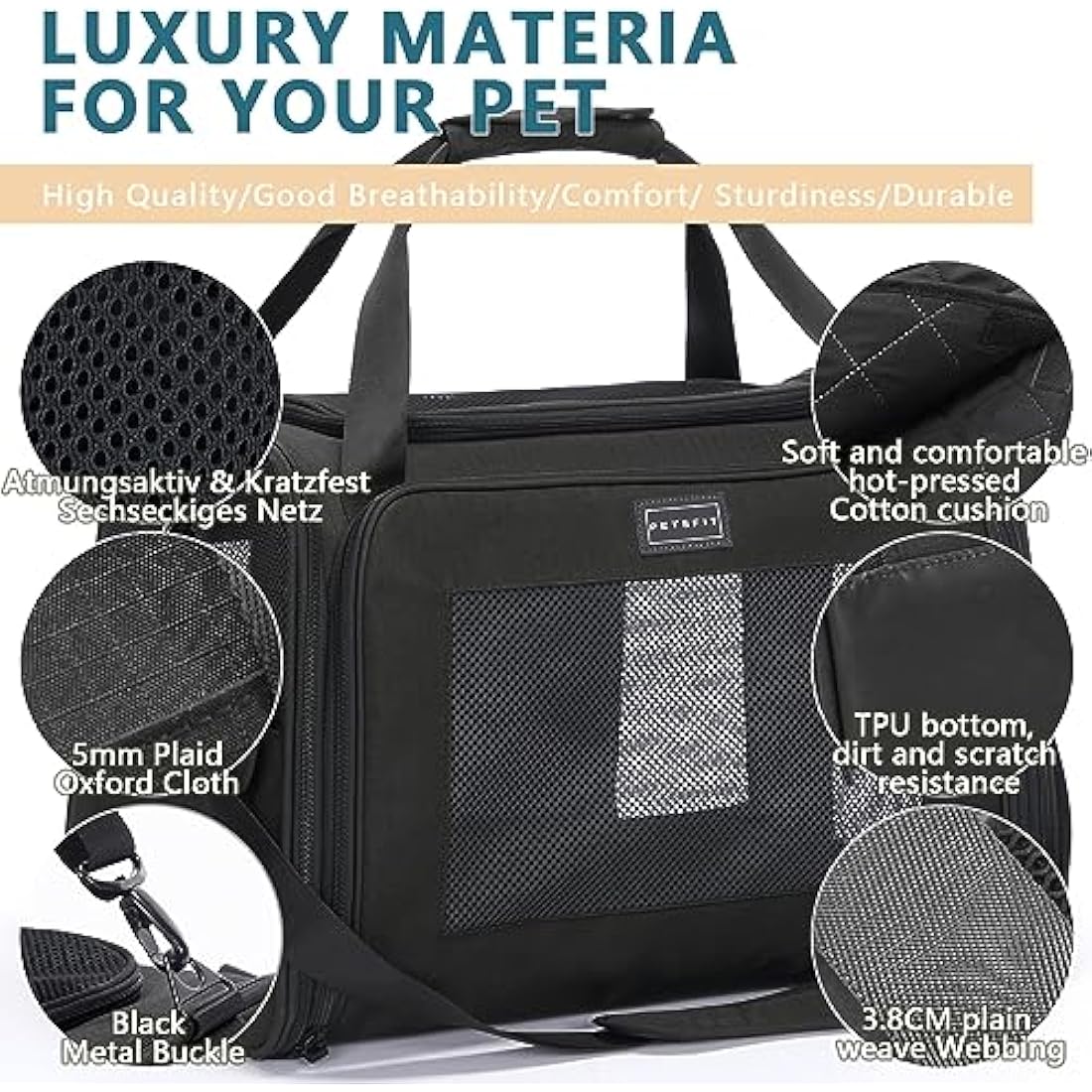 Petsfit Pet Carrier Large Cat Carrier Soft Sided, Dog Carriers with Expandable mat and Quadrangle Oxford Fabric Lightweight Pet Carrier Bag for Cat and Small Dogs，Black