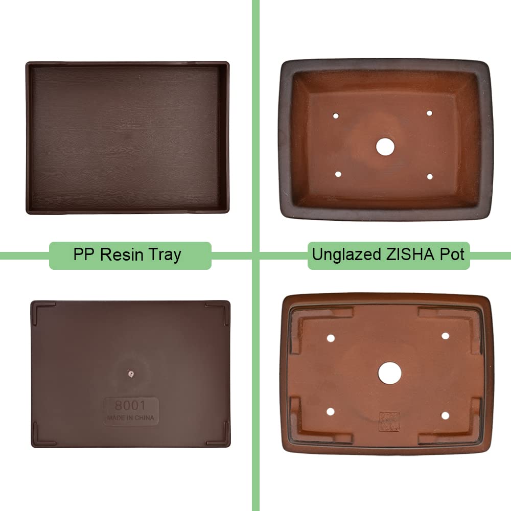 MUZHI Decorative Ceramic Bonsai Planter Pot 8.5 Inch with Tray, Breathable Unglazed Rectangle Terracotta Clay Pot for Tree Succulent Cactus Indoor