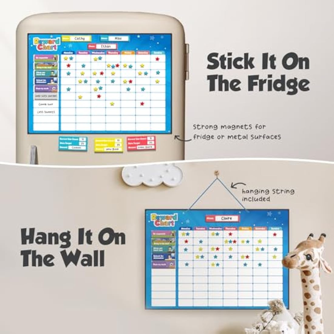 Smart Panda Magnetic Reward Chart – [300 Stars, 80+ Tasks, 1-3 Kids] Star Chart for Children - For Responsibility, Routine, Potty Training, Good Behaviour