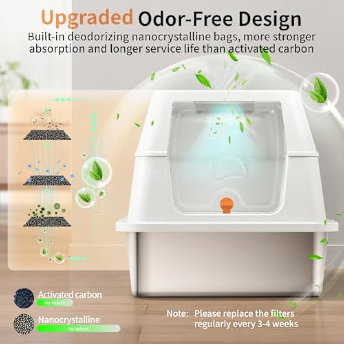 Stainless Steel Cat Litter Tray with Lip, Large Enclosed Litter Box, Cat Litter Box Tray for Medium Large Cats, Easy Clean, Odor Control, 180° Flip-Top - White