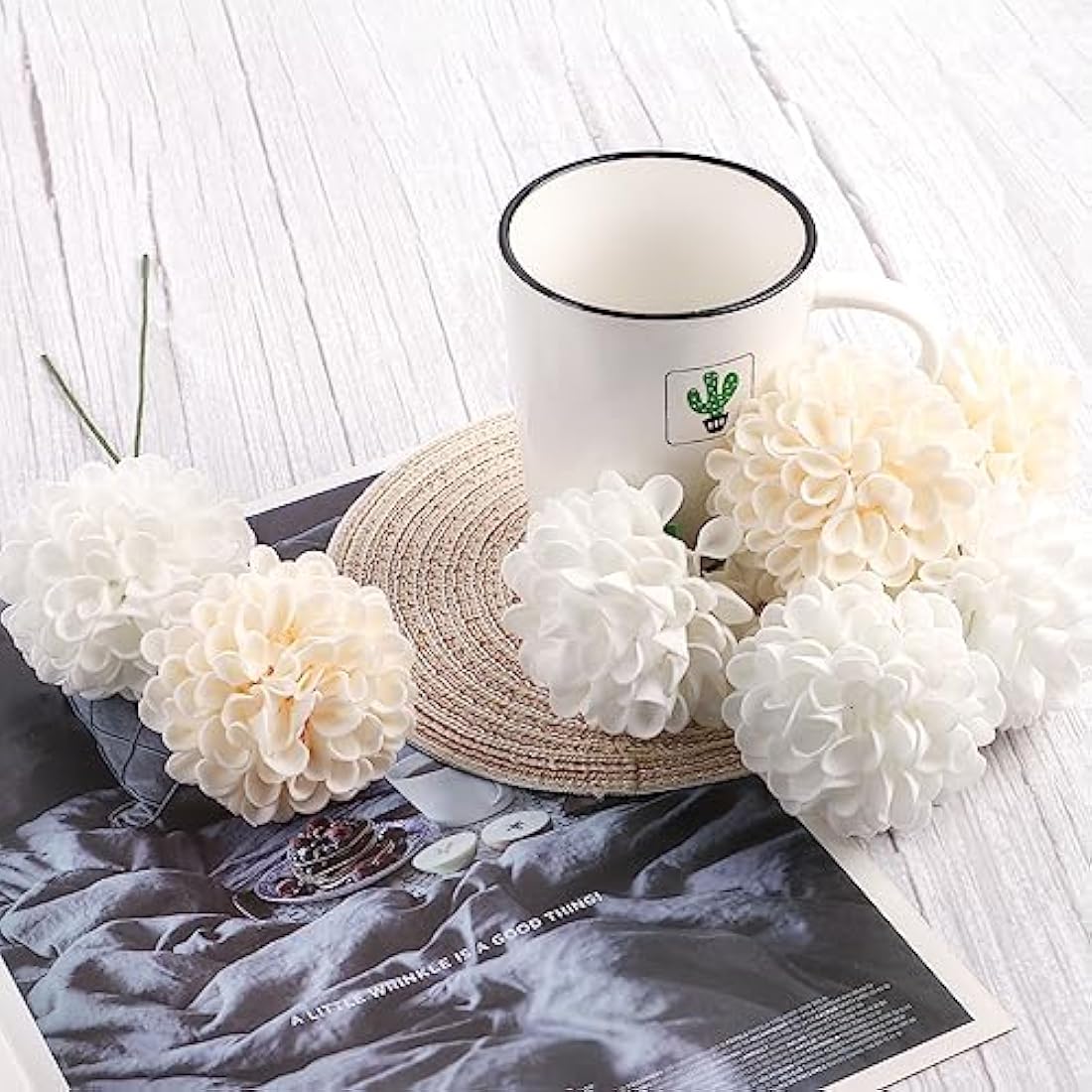 N&T NIETING Artificial Flowers 20pcs Fake Dahlia Flowers with Leaves and Stems, Foam Dahlia DIY Flower for Wedding Bouquets Floral Centerpieces Arrangements Shower Party Home Decor, White