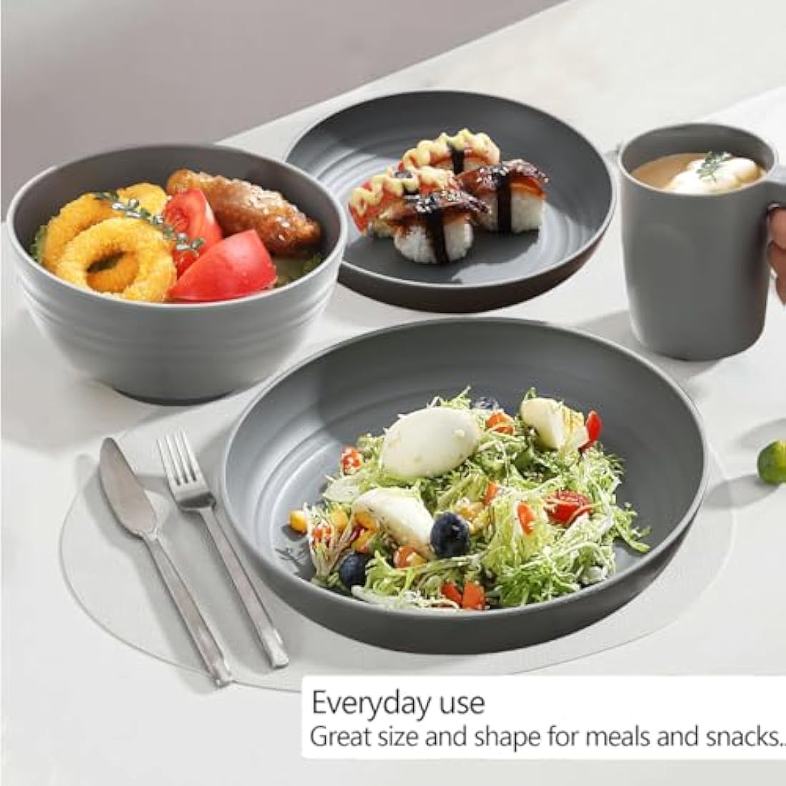 Kyraton Plastic Dinnerware Sets of 32 Pieces Service for 8, Unbreakable and Reusable Light Weight Plates Mugs Bowls Dishes Easy to Carry and Clean Microwave Safe BPA Free Dishwasher Safe