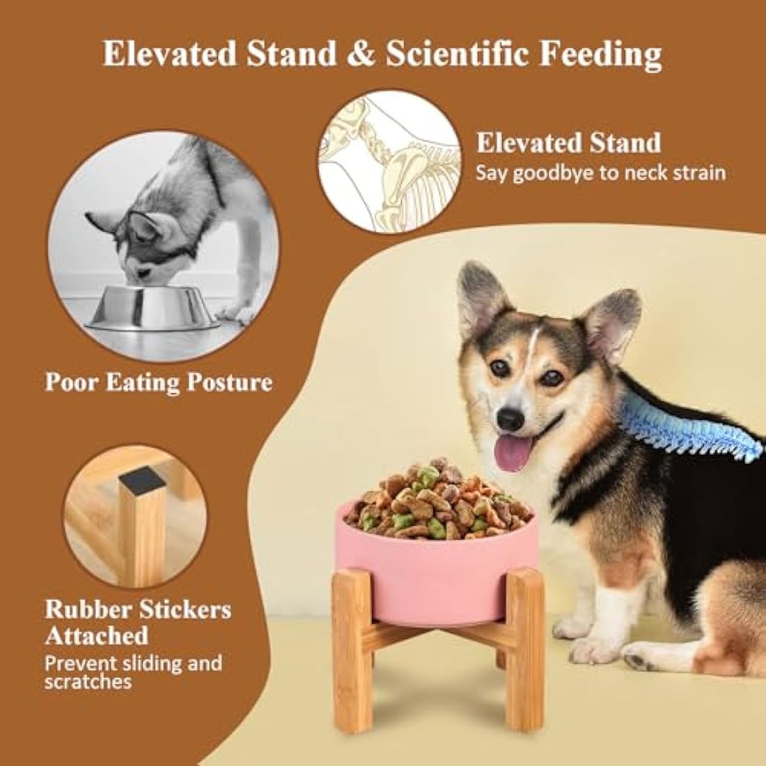 White Ceramic Elevated Raised Dog Bowls - Dog Food Dish with Stand - Double Raised Dog Food and Water Bowls Anti Vomiting - Pet Bowl with Anti Slip Rubber pad - Stress Free for Medium Dogs -set of 2