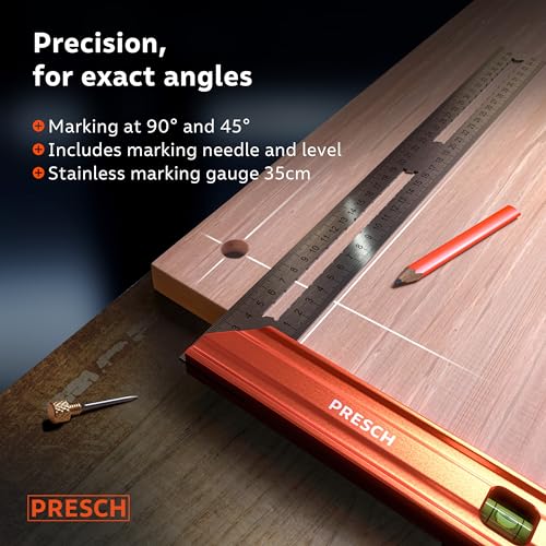 Presch Try Square 350 mm | Medium | Includes rust-free marking gauge (35cm), level bubble & marking pin | 90° & 45° | Carpenters square, Precision Square, Joiners Square, Engineers Square