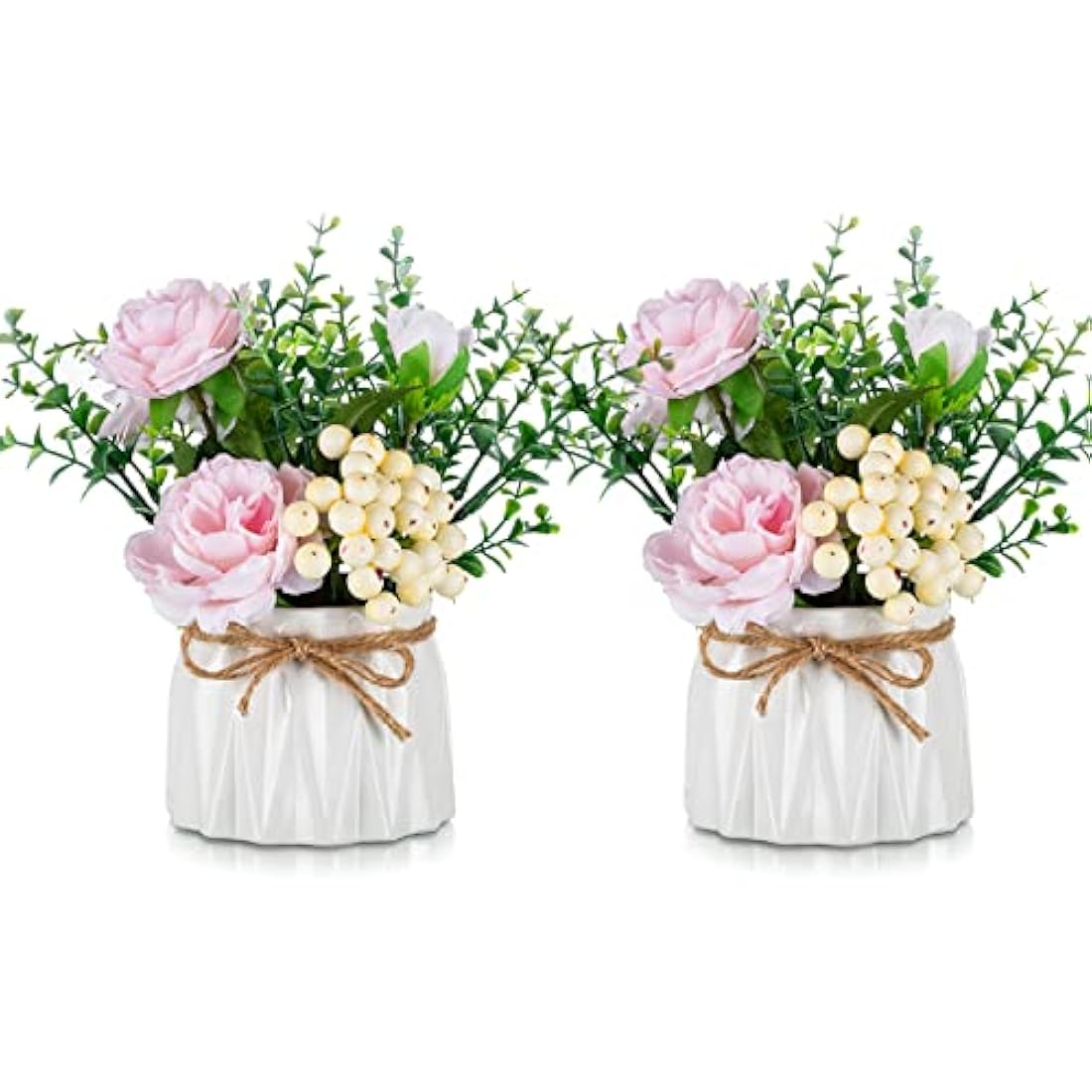 BLOSMON Artificial Flowers and Vase Decoration Fake Flower in Vases 2PCS Pink Plastic Rose Arrangements Table Floral Centrepieces Ornaments Plant Bouquet for Wedding Room Window Garden Party Display