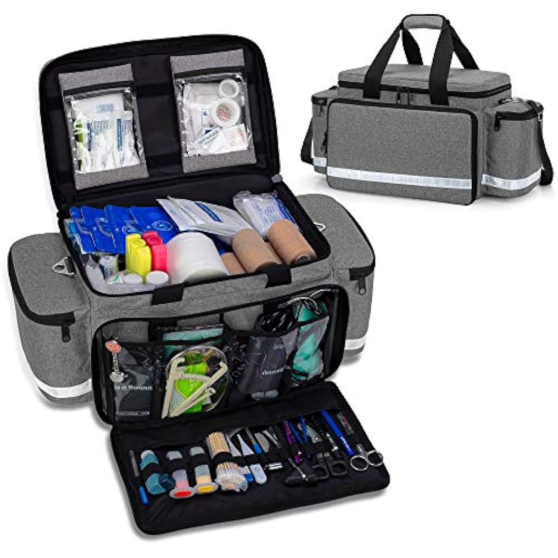 Trunab Emergency Responder Trauma Bag Empty, Professional Large First Aid Bag Medical Bag with Inner Dividers and Non-Scratch Bottom, Ideal for EMT, EMS, Paramedics, Grey, Empty-Patented Design