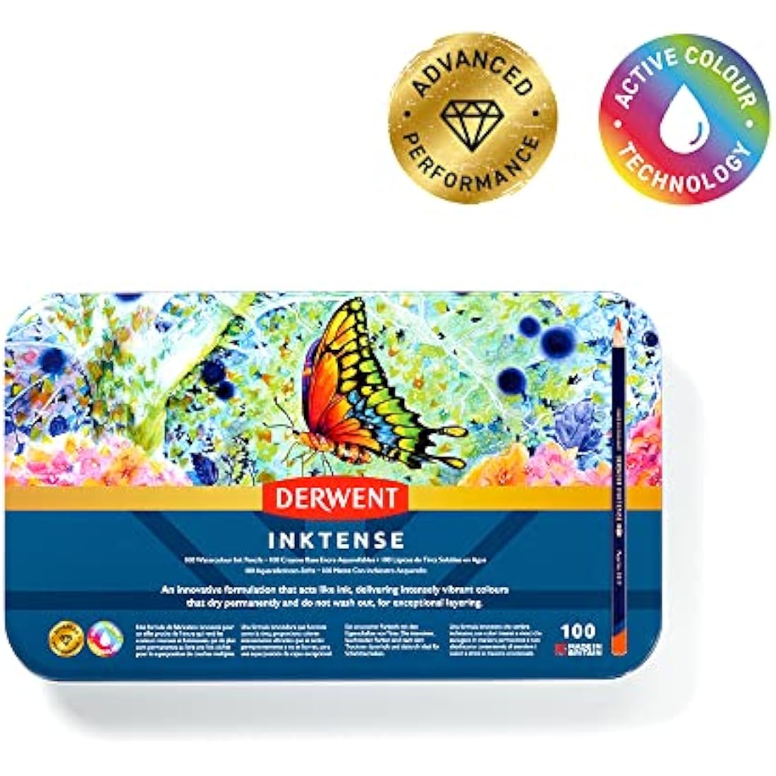 Derwent Inktense Pencils Art Set, 100 Permanent Watercolour Pencils Set in Tin, Premium Coloured Pencils for Adults, Water-Soluble Indelible Pencil Collection, 4mm Core, Professional Quality (2306130)