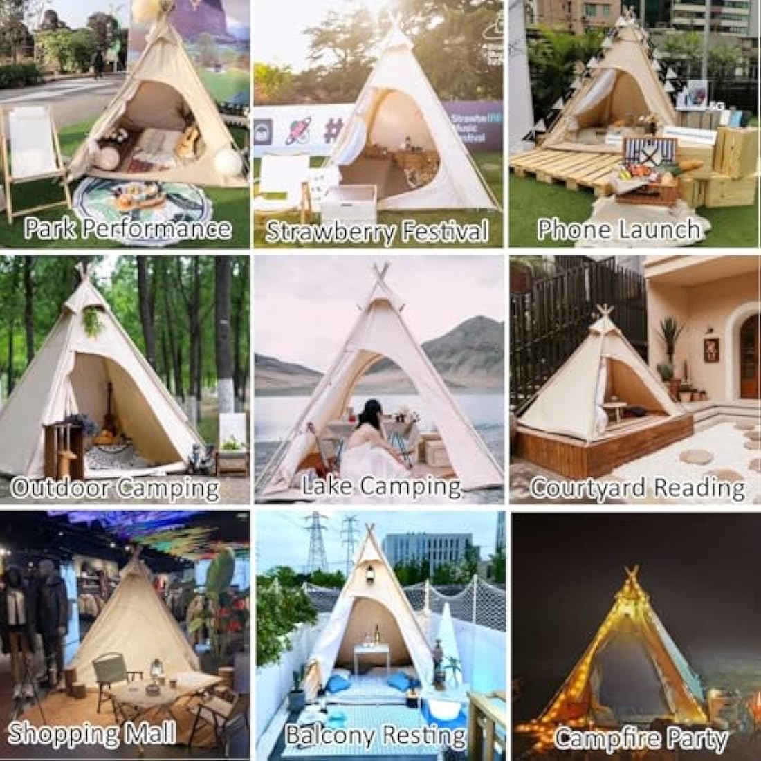 Outdoor 2M Canvas Camping Pyramid Tipi Tent Adult Indian Teepee Tent for 2~3 Person