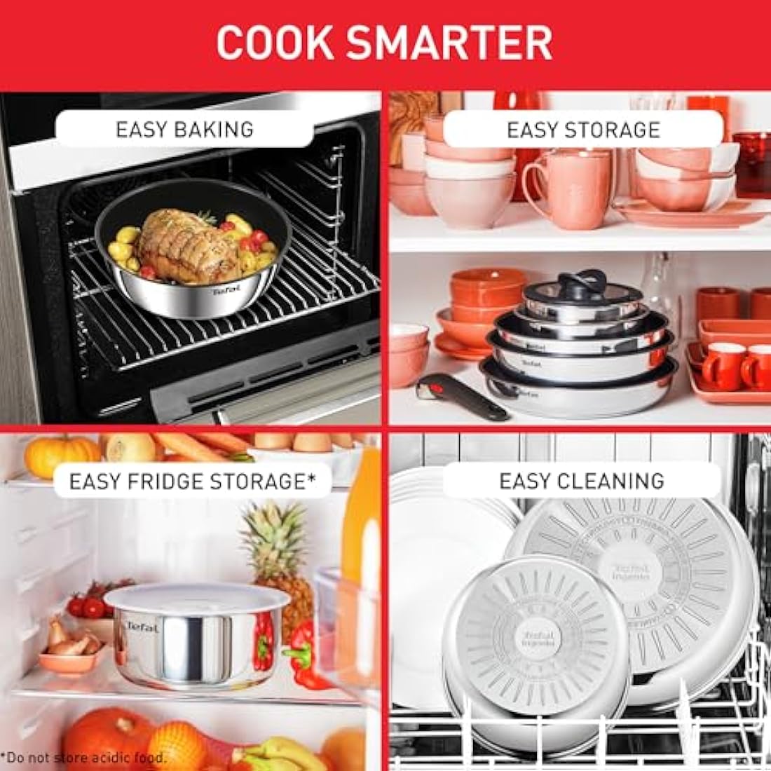 Tefal Ingenio Detachable Handle Pan 20pcs, Stainless Steel, Compact, Compatible with All hobs Induction & Oven, 2-in-1 Pans and bakeware Set, Stackable cookware Set Ideal for Small Kitchen storages