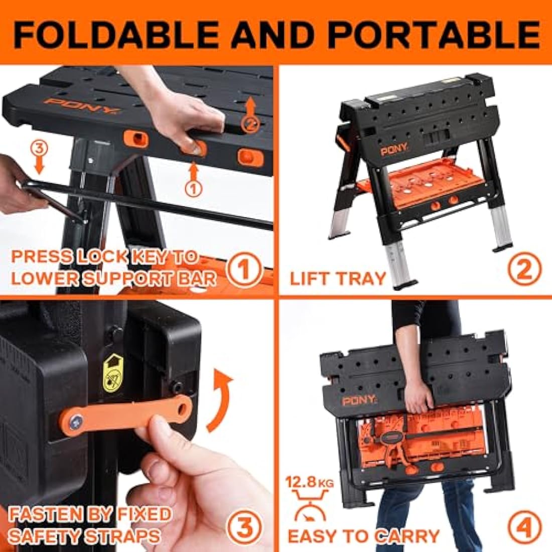 PONY 2-in-1 Folding Workbench, 227 kg Work Bench & 454 kg Saw Horse, 6 Adjustable Height Portable Work Table4 Quick Clamps, 4 Clamp Dogs & Tool Tray, 79 x 89 x 63.5 cm