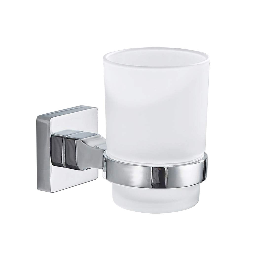 PHOEWON Single Glass Tumbler Wall Mounted Toothbrush Tumbler Holder 304 Stainless Steel and Frosted Glass Tumbler Holder Toothpaste Double Glass
