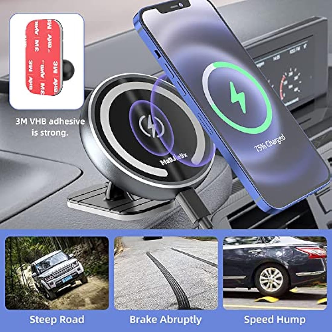 MAGJIEYX for Magsafe Car Mount Charger, 15W Magnetic Wireless Car Charger 360° Rotation Phone Holder Fast Charging for iPhone 16 15 14 13 12 MagSafe Case 2 in 1 Dashboard Air Vent Car Accessories