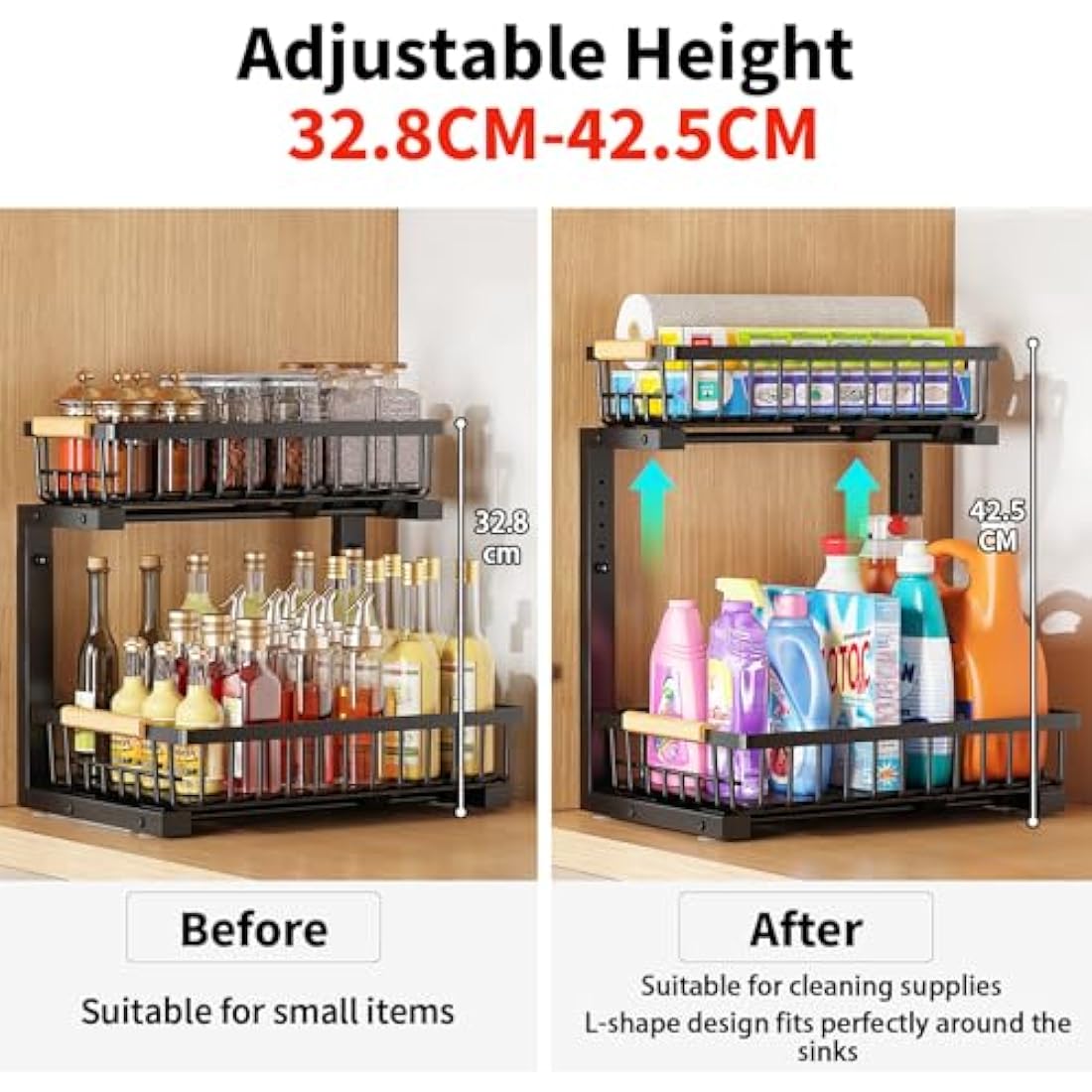 ROLIZOE 2 Tier Sliding Under Sink Storage Kitchen Organiser 42.5cm Height Adjustable Under Sink Shelf with 2 Slide Out Baskets Metal Cupboard Organiser Under Sink Cabinet Basket Organiser for Bathroom