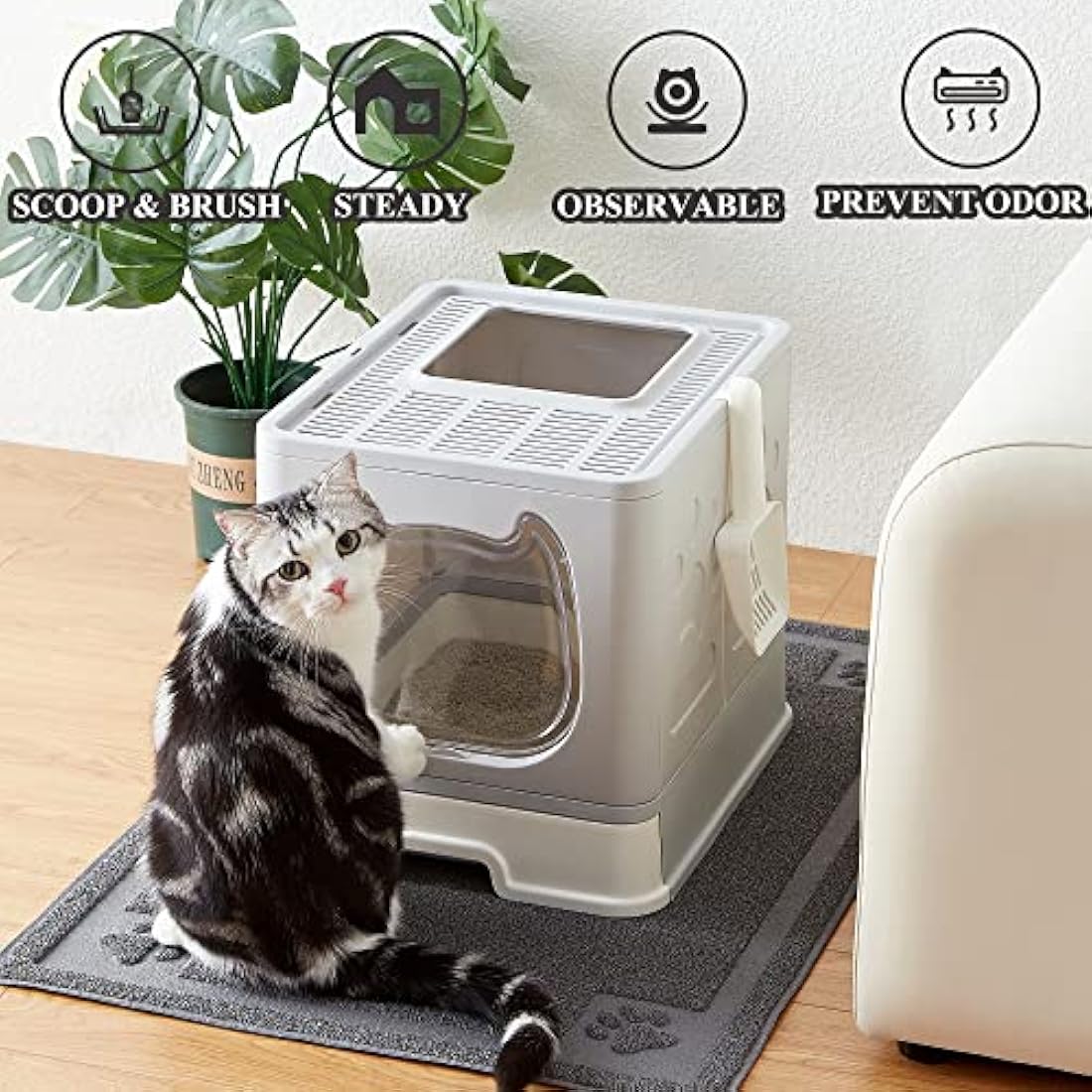 Vealind Covered Cat Litter Box with Lid for Small and Medium Cats, Top Entry Drawer Type with Front Door Cat Litter Tray (Grey)