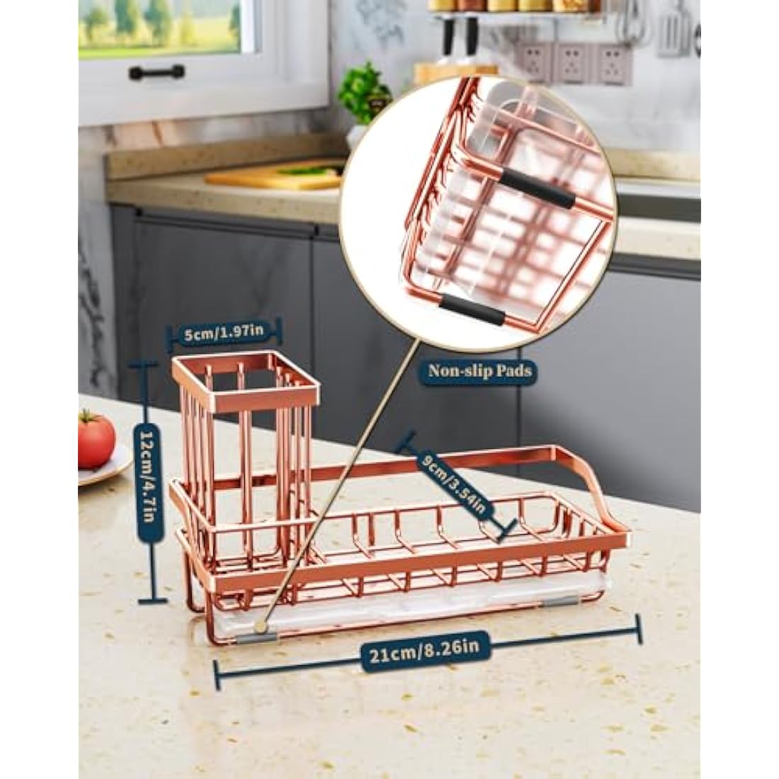Consumest Sponge Holder for Kitchen Sink - Sink Caddy Kitchen Sink Organizer with Removable Drip Tray for Countertop Dish Soap Dispenser Brush Storage Accessories 304 Stainless Steel, Rose Gold