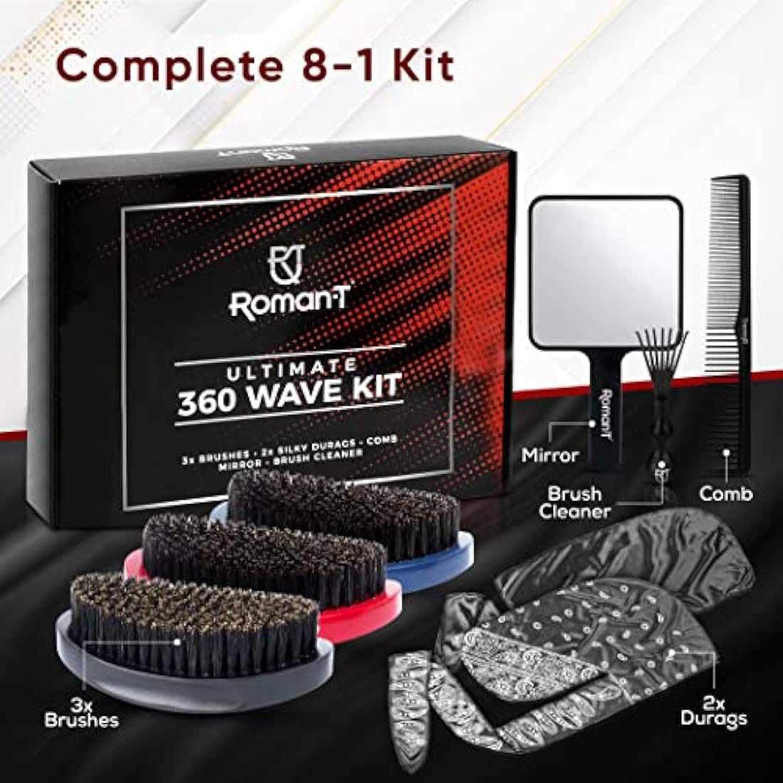 Roman-T 8-in-1 360 Wave Brush Kit - Grooming Kit for 360 Waves - 3 Wave Brushes, Soft, Medium & Hard - 2 Silky Satin Durag - Black & Black Paisley, Hand Mirror, Comb, Hair Brush Cleaner - Gift Set