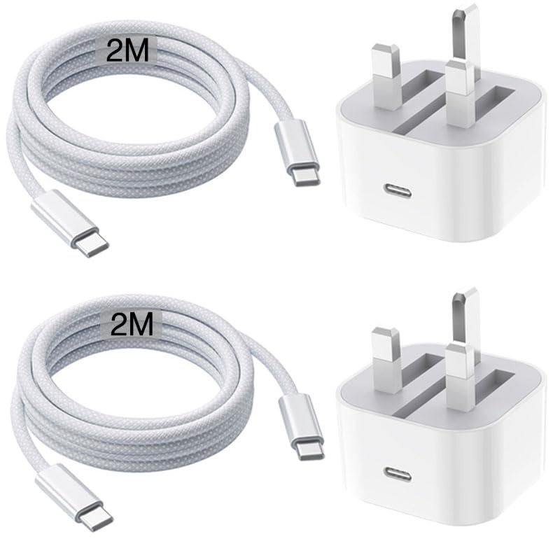 2M Charger for IPhone 17/16/15, [2Pack] 20W Fast Charging Cable USB C to USB C,Charger Cord UK Plug Adapter Lead for IPhone 17 Air/16 17 Pro Max/15
