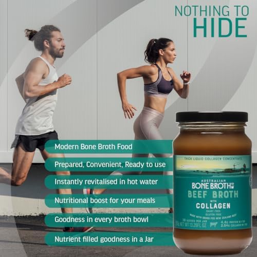 Beef Broth with Collagen Concentrate - Instant bone broth beverage boosted with grass-fed collagen. Halal Broth. Gluten Free, Preservative Free No spices or herbs. 375 gram Jar