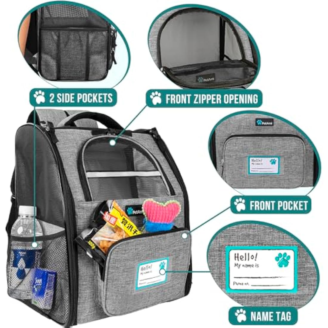 PetAmi Deluxe Pet Carrier Backpack for Small Cats and Dogs, Puppies | Ventilated Design, Two-Sided Entry, Safety Features and Cushion Back Support | for Travel, Hiking, Outdoor Use (Heather Gray)