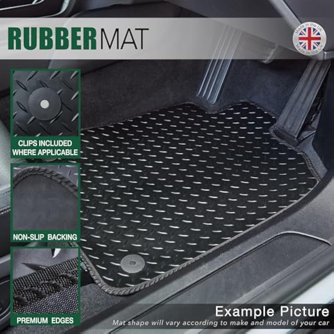 GCM - Van Floor Mats for Renault Trafic Van 2014 to Present Full Floor Protection - Anti Slip & Fit Rubber Van Mats with Clips Easy to Clean Heavy Duty for All-Weather - Green Edging, Rubber